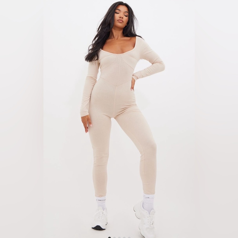 Stone Contrast Rib Panel Long Sleeve Jumpsuit
